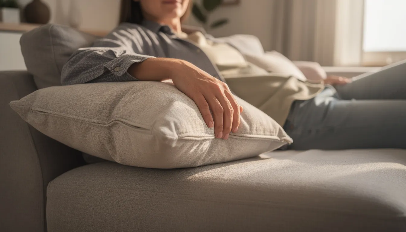 A person is relaxing on a couch, their arm resting comfortably on a pillow, embodying a sense of calm and wellness. This scene reflects the comfort of home, where individuals can enjoy relaxation while receiving at home IV therapy treatments that promote overall health and recovery.