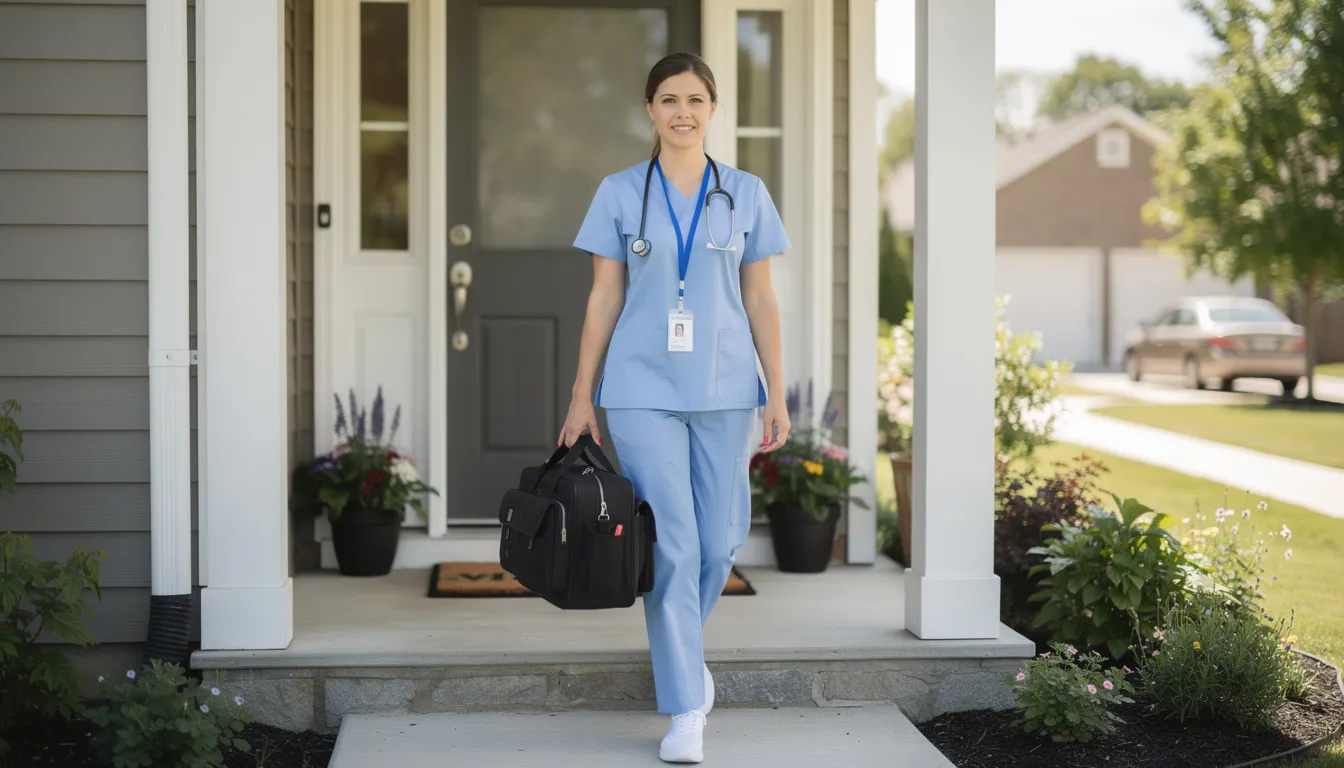 A registered nurse is arriving at a home entrance carrying a medical supply bag, ready to provide home IV therapy services. This mobile IV nurse is prepared to administer infusion therapy treatments to support the patient's overall health and wellness.