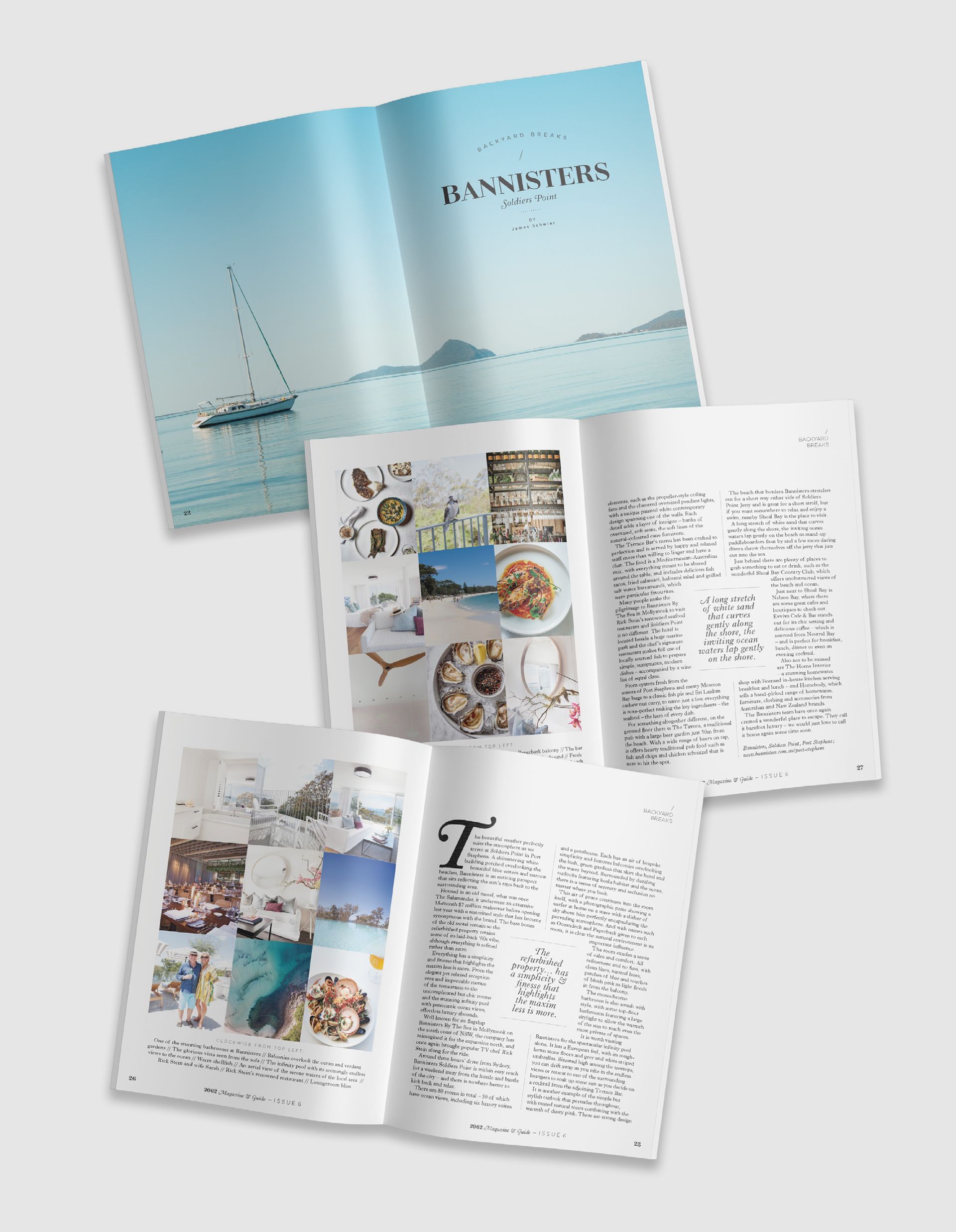 Open 2062 Magazine spreads showcasing a serene view of a sailboat alongside a collection of food and travel photography, designed by The End Creative Agency in Sydney