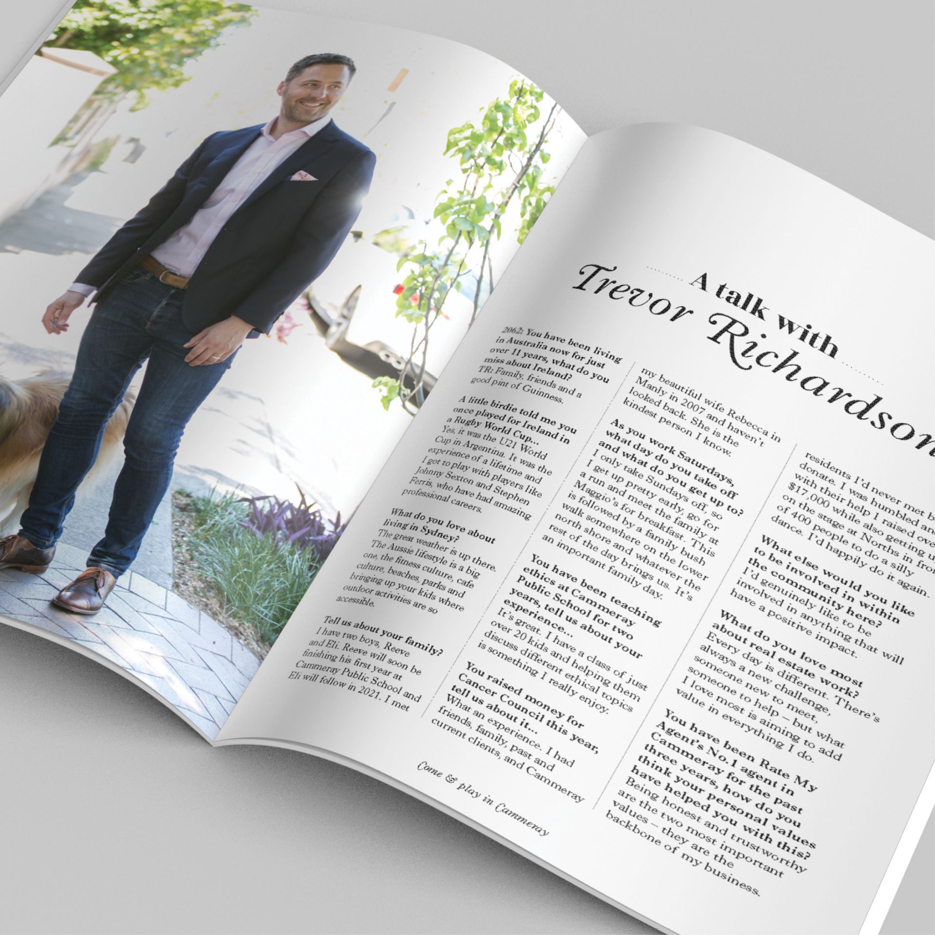 2062 Magazine spread featuring an interview with Trevor Richardson, with a full-page photo of Trevor on the left and the interview text on the right, designed by the graphic design agency The End Creative Agency in Sydney