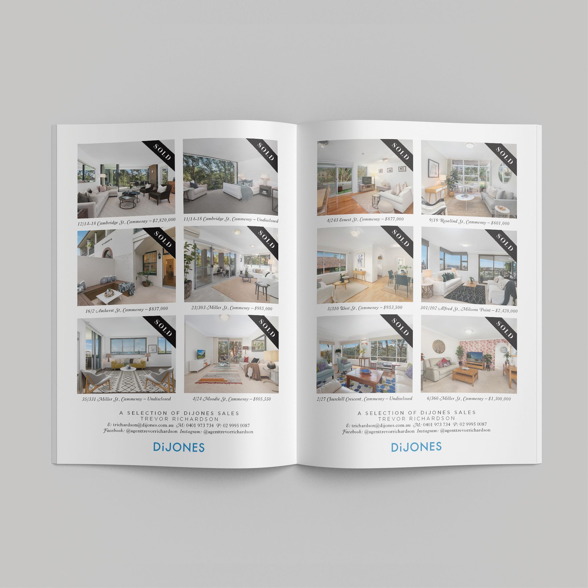 2062 Magazine spread showcasing a selection of DiJones property sales in Cammeray, featuring images of sold homes, designed by the graphic design agency The End Creative Agency in Sydney