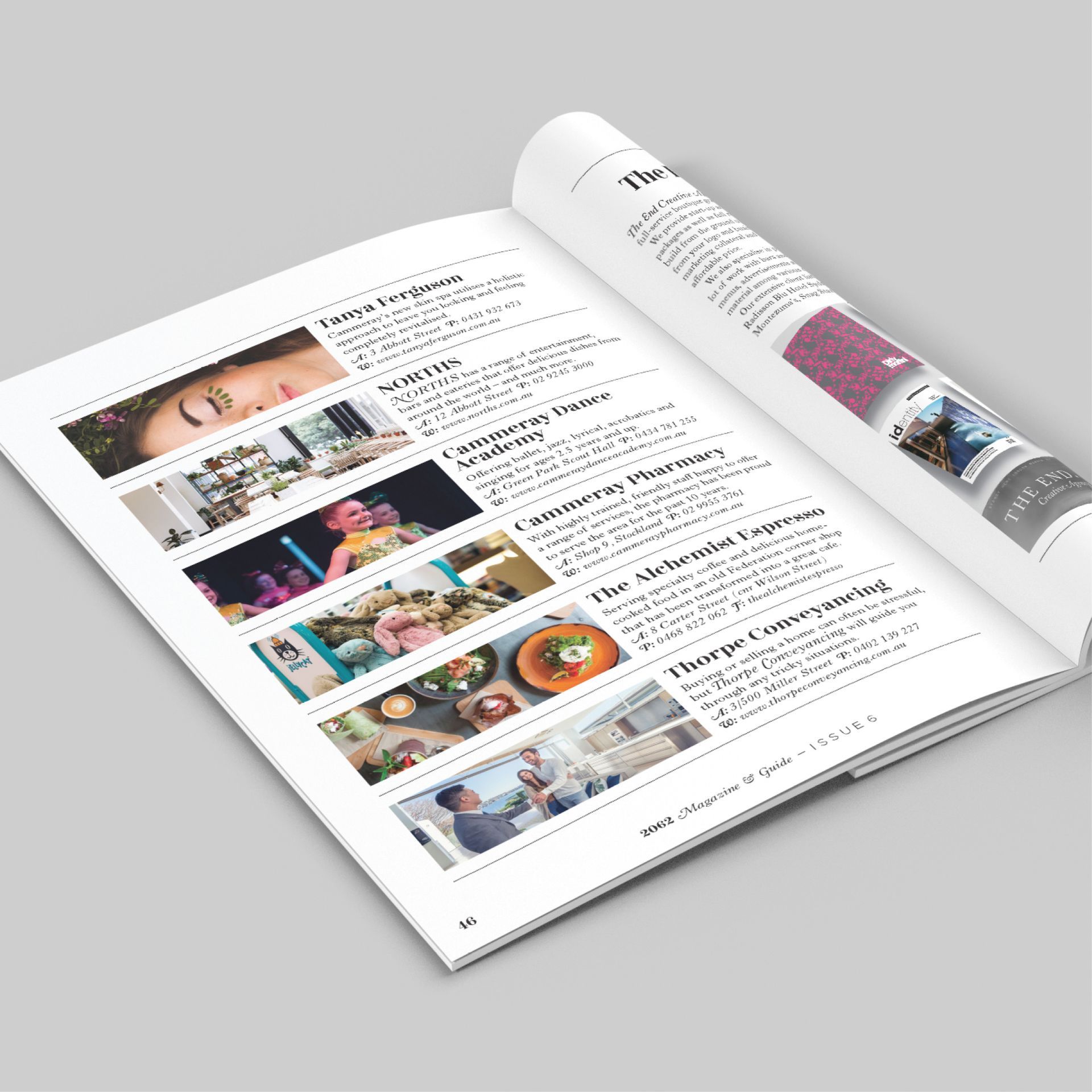 2062 Magazine page featuring listings for local Cammeray businesses, designed by the graphic design agency The End Creative Agency in Sydney
