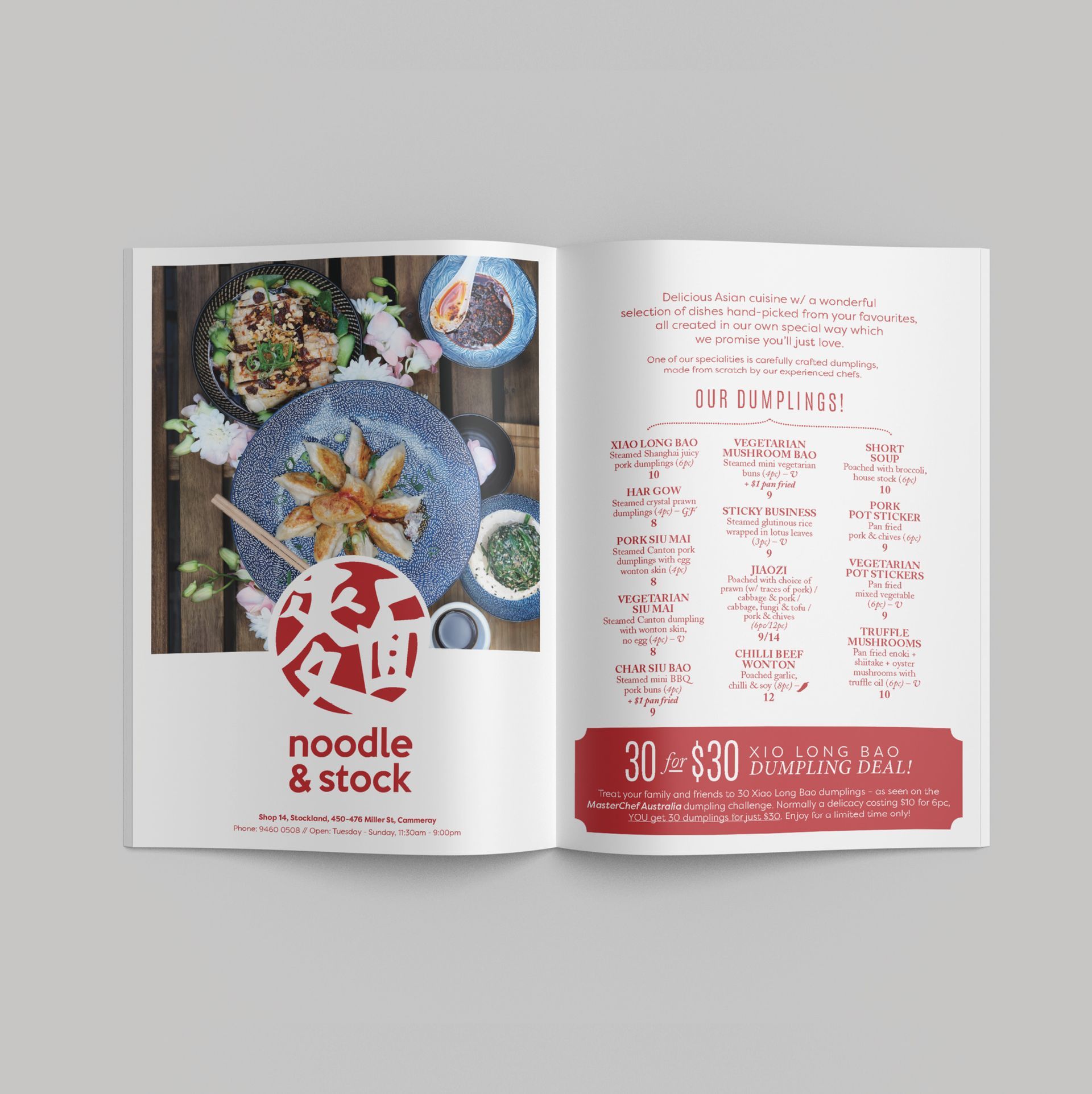 Custom advertisement for Noodle & Stock, featuring a selection of Asian dishes, designed by the graphic design agency The End Creative Agency in Sydney for Cammeray and surroundings