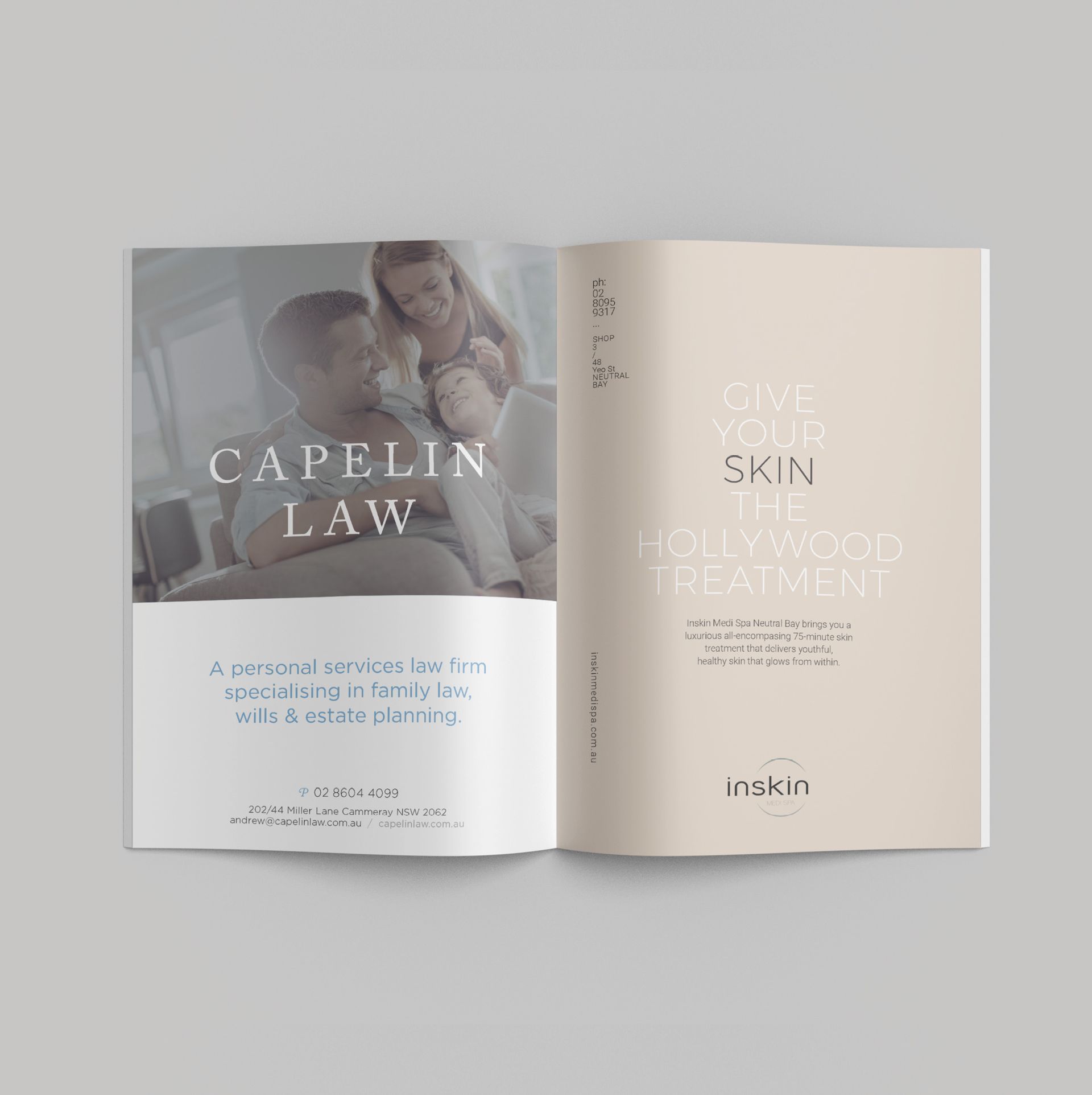 Advertisements in 2062 Magazine for Capelin Law and Inskin Med Spa, designed by the graphic design agency The End Creative Agency in Sydney