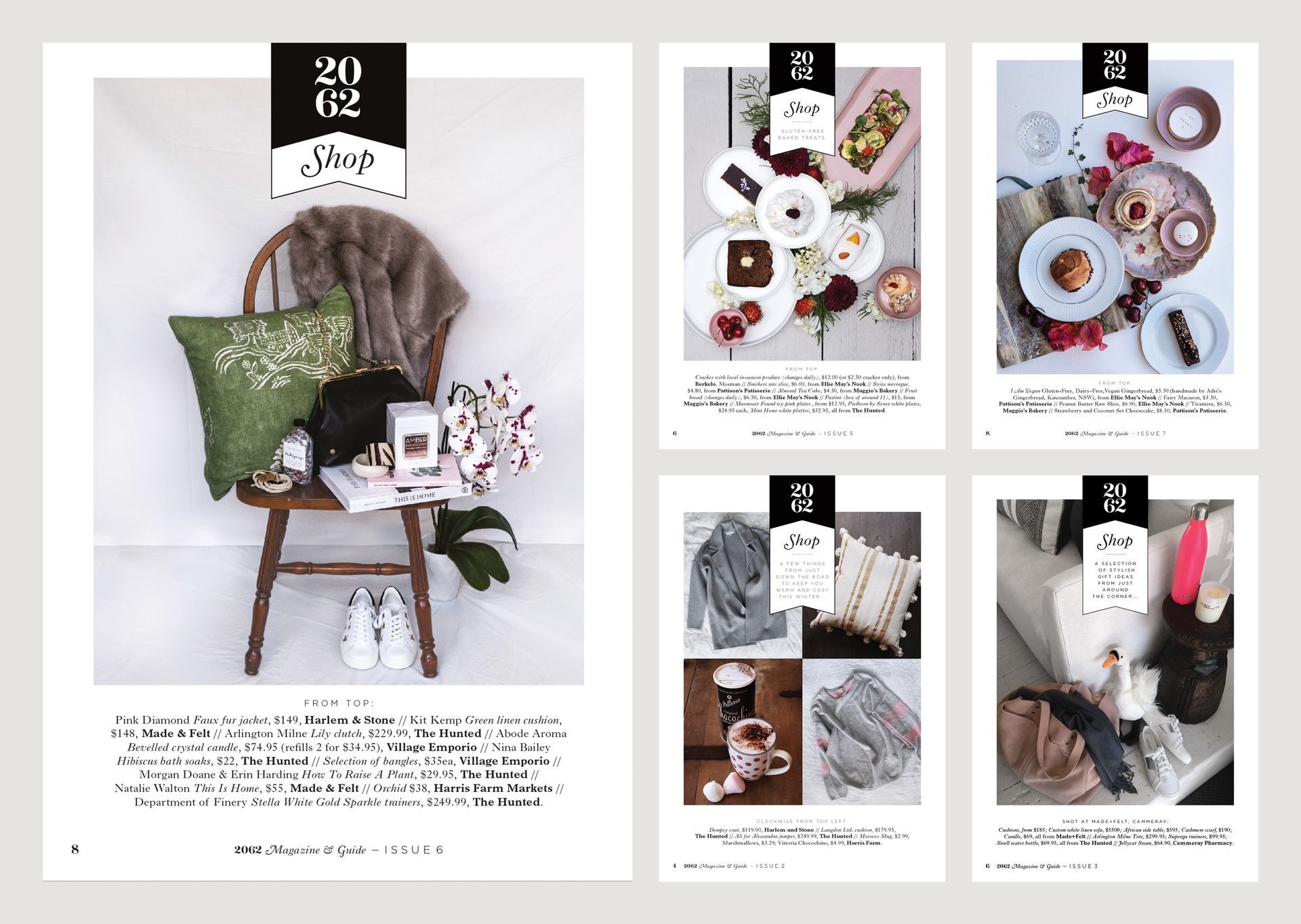 Layout of the 2062 Magazine's 'Shop' section featuring product collections, including fashion, home decor, and gourmet food items, designed by The End Creative Agency