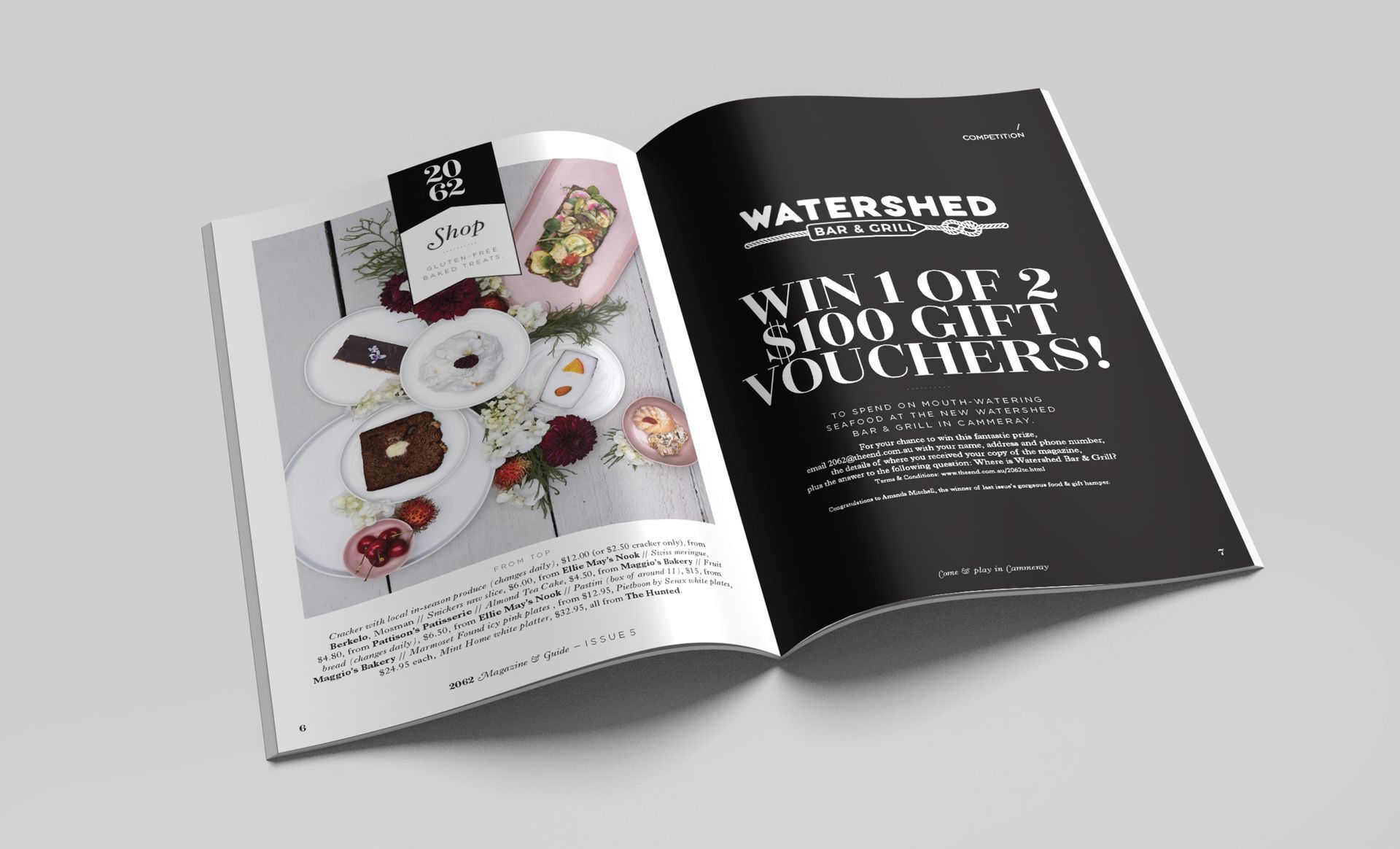 Open 2062 Magazine spread featuring the 'Shop' section with baked treats and a competition page offering $100 gift vouchers, designed by The End Creative Agency in Sydney