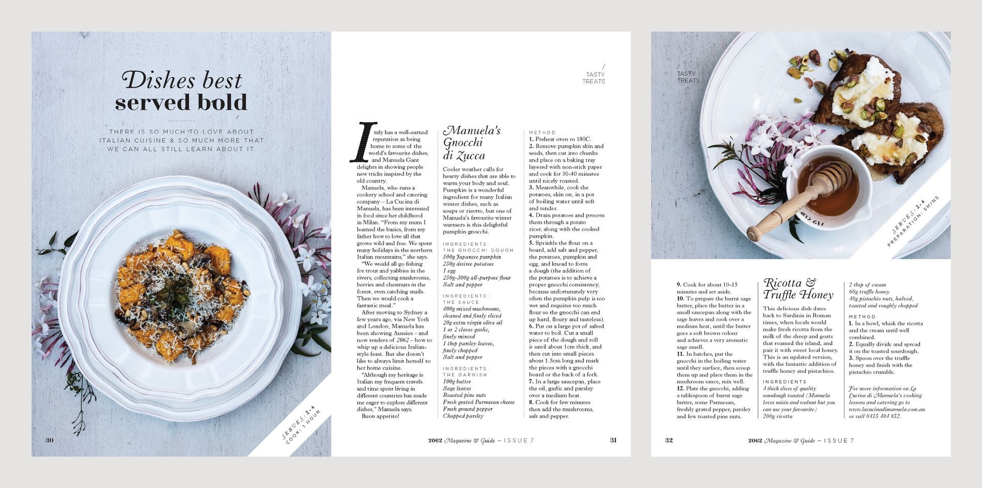 2062 Magazine spread featuring recipes including 'Manuela’s Gnocchi di Zucca' and 'Ricotta & Truffle Honey,' showcasing beautifully plated dishes, designed by The End Creative Agency in Sydney for Cammeray and surroundings