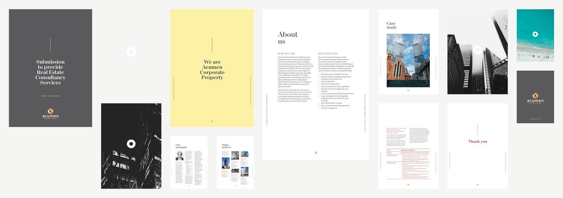 A collage of pages from the proposal document for Acumen Corporate Property, designed by the graphic design agency The End Creative Agency in Sydney.