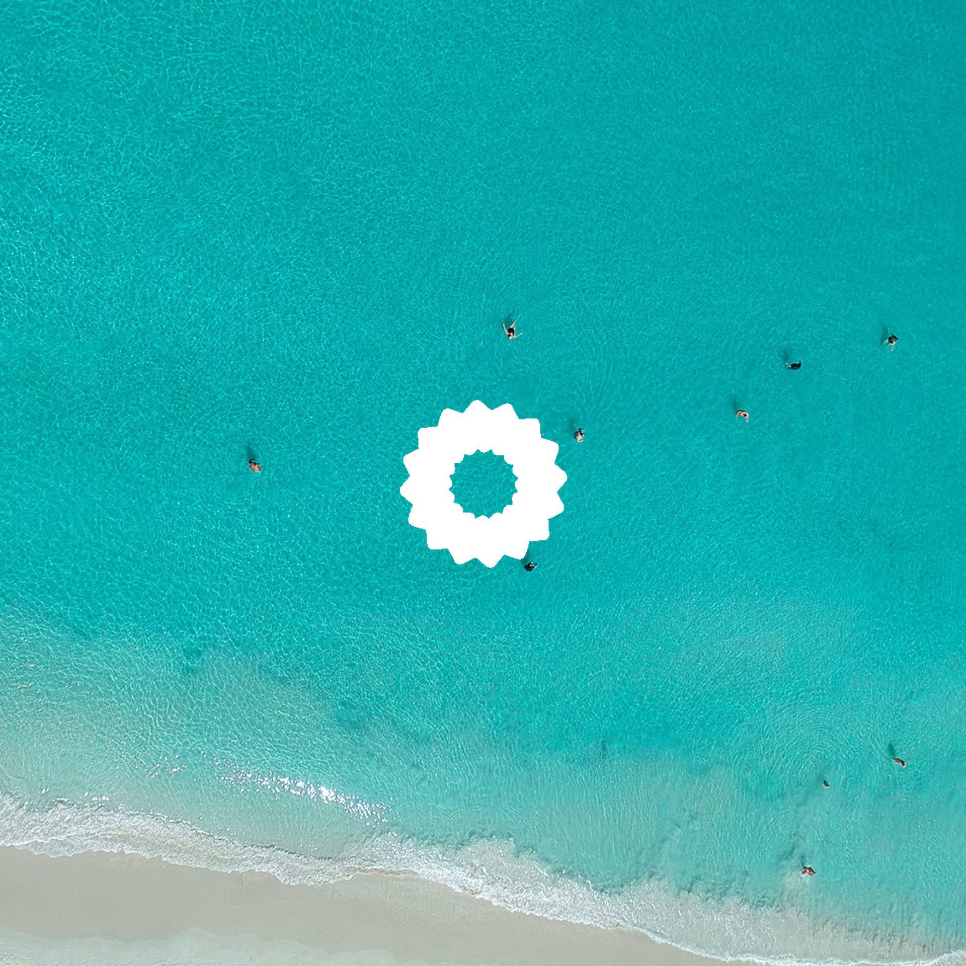 Aerial beach view with clear water combined with the Acumen Corporate Property white symbol.
