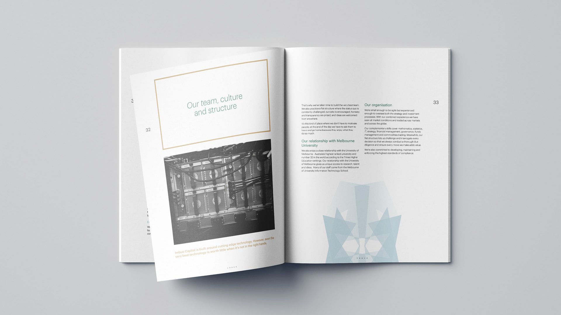 Two pages from the Imbue Capital prospectus with a geometric pattern created by a designer at The End Creative Agency.