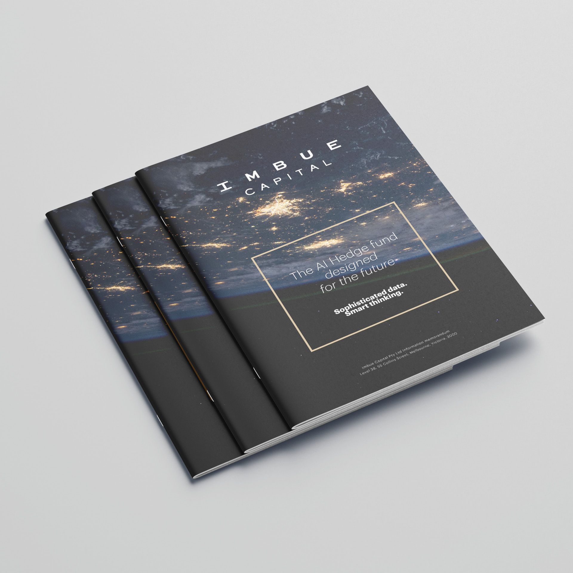 Cover page for Imbue Capital’s prospectus titled 'The AI Hedge Fund designed for the future', designed by the graphic design agency The End Creative Agency in Sydney.