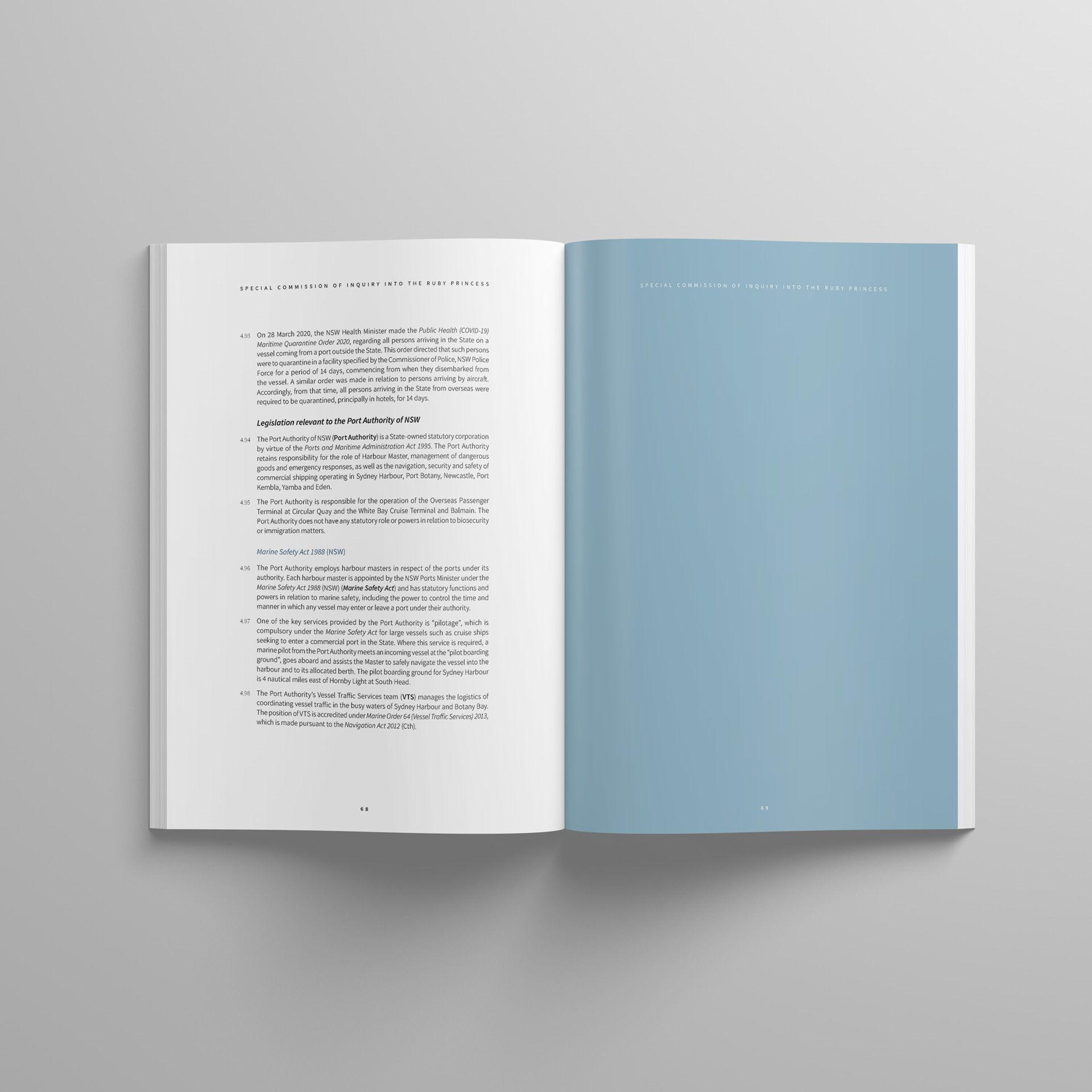 A spread from the Special Commission of Inquiry into the Ruby Princess report, with a minimalist blue design element.