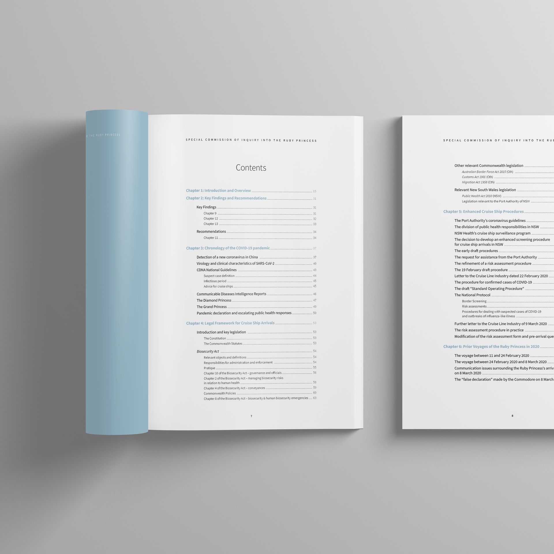 A view of the contents page of the Special Commission of Inquiry into the Ruby Princess report, highlighting the structured layout of the chapters, designed by the designers at The End Creative Agency.