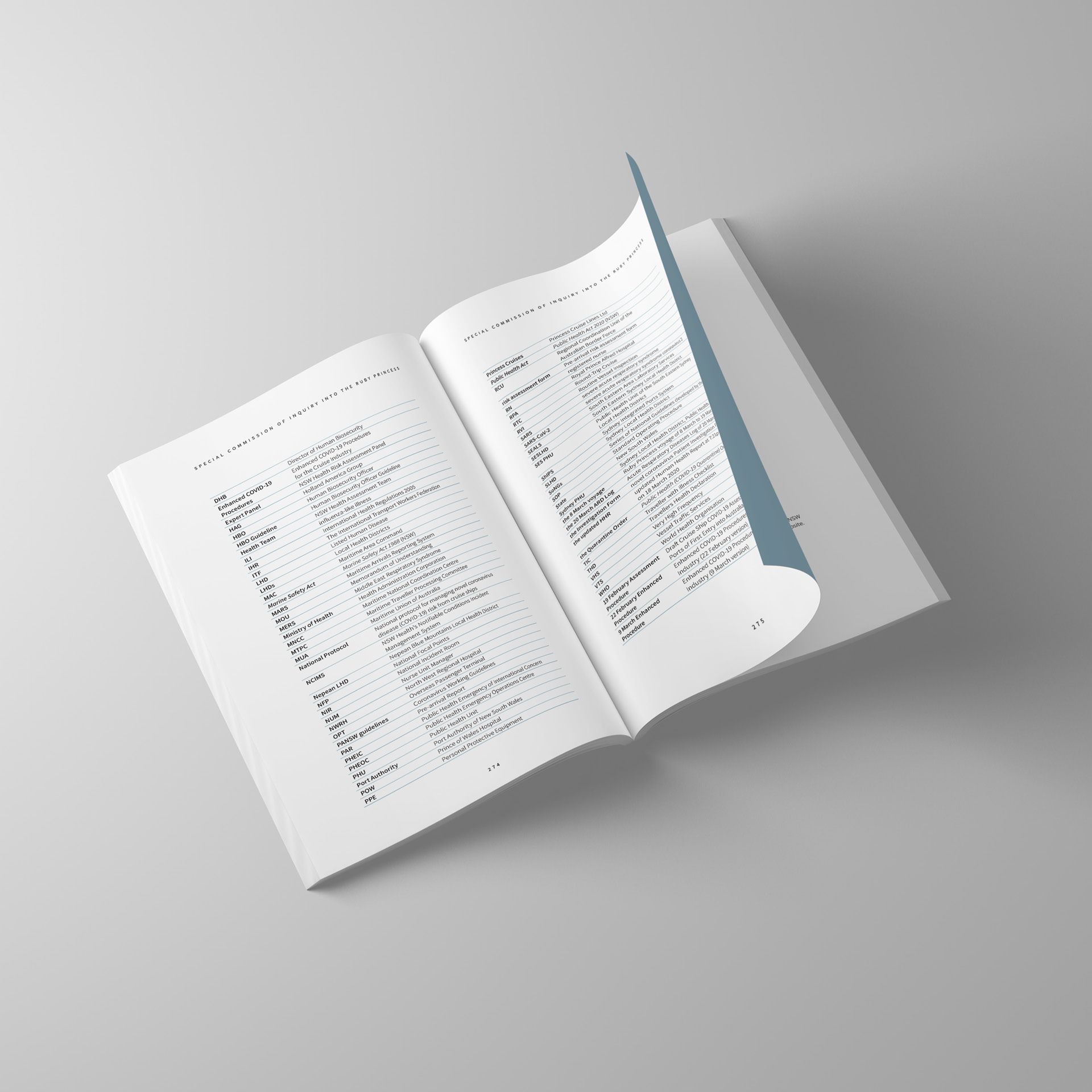 An open page of the Ruby Princess report for the NSW Government, showcasing a list of contents.