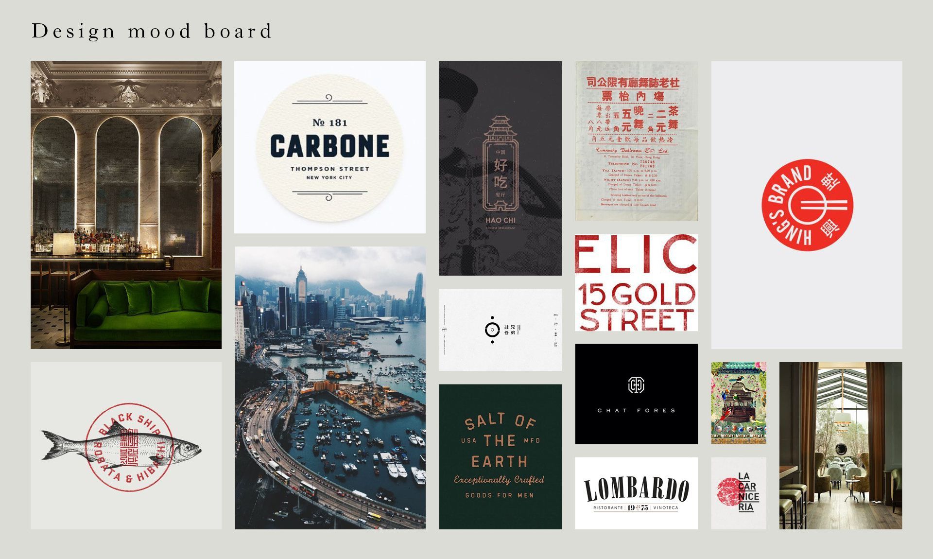 A mood board showcasing a variety of inspirations for Sergeant Lok's branding design.