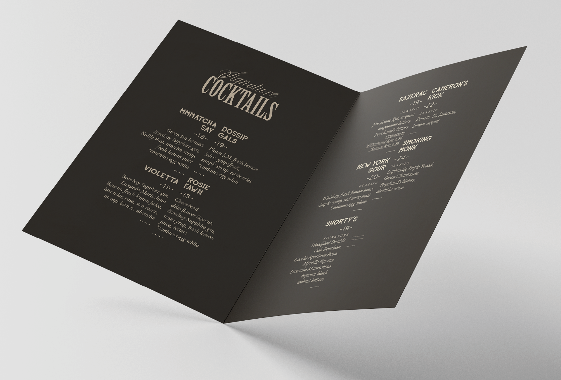 A black fold-out menu for The Doss House featuring bold, elegant typography, designed by The End Creative Agency. The layout combines cursive and sans-serif fonts, balancing modern and classic styles.