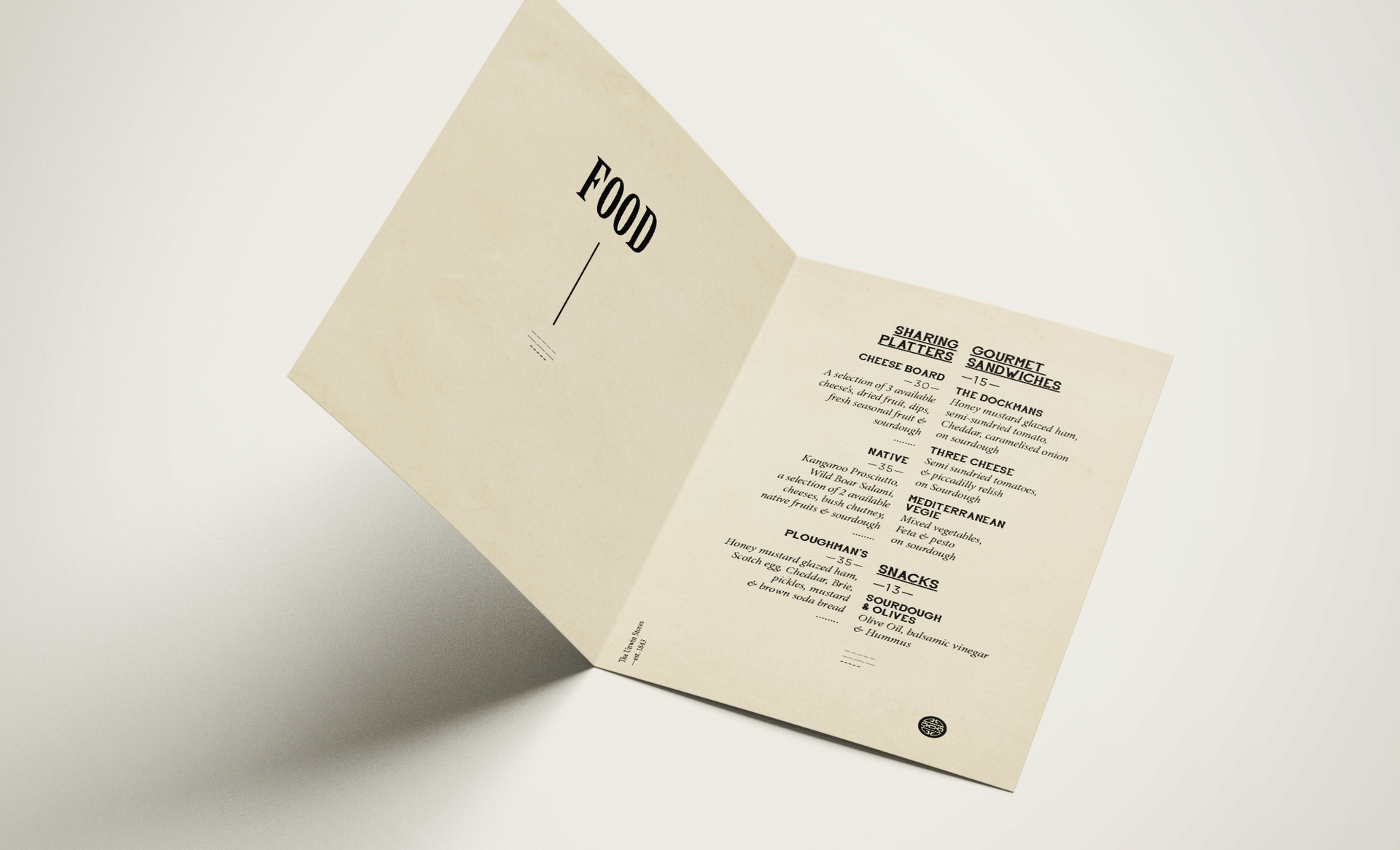A fold-out menu for The Doss House featuring bold and structured typography, created by The End Creative Agency, a Sydney-based graphic design agency.
