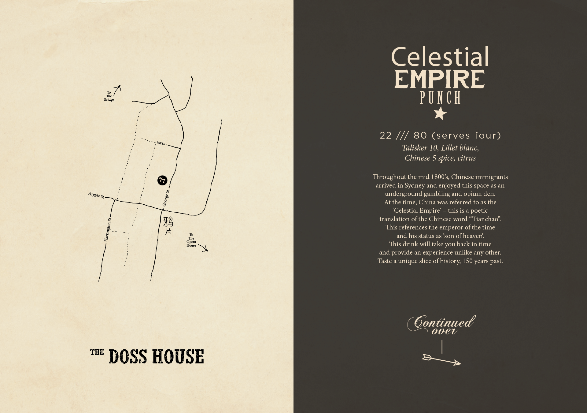 A two-page spread from The Doss House menu featuring a hand-drawn map on the left and a cocktail description on the right, created by the designers at The End Creative Agency.