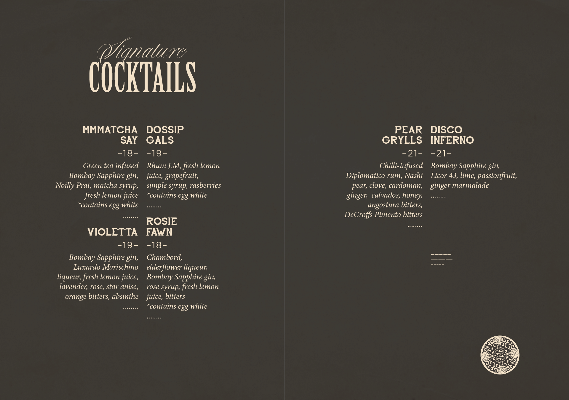 A double-spread from The Doss House's menu design, created by The End Creative Agency, a Sydney-based graphic design agency.