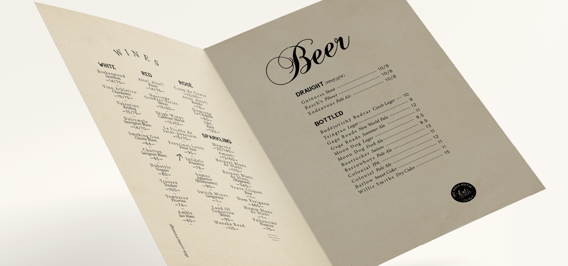A fold-out wine and beer menu for The Doss House featuring elegant serif and script typography, designed by the graphic design agency The End Creative Agency in Sydney.