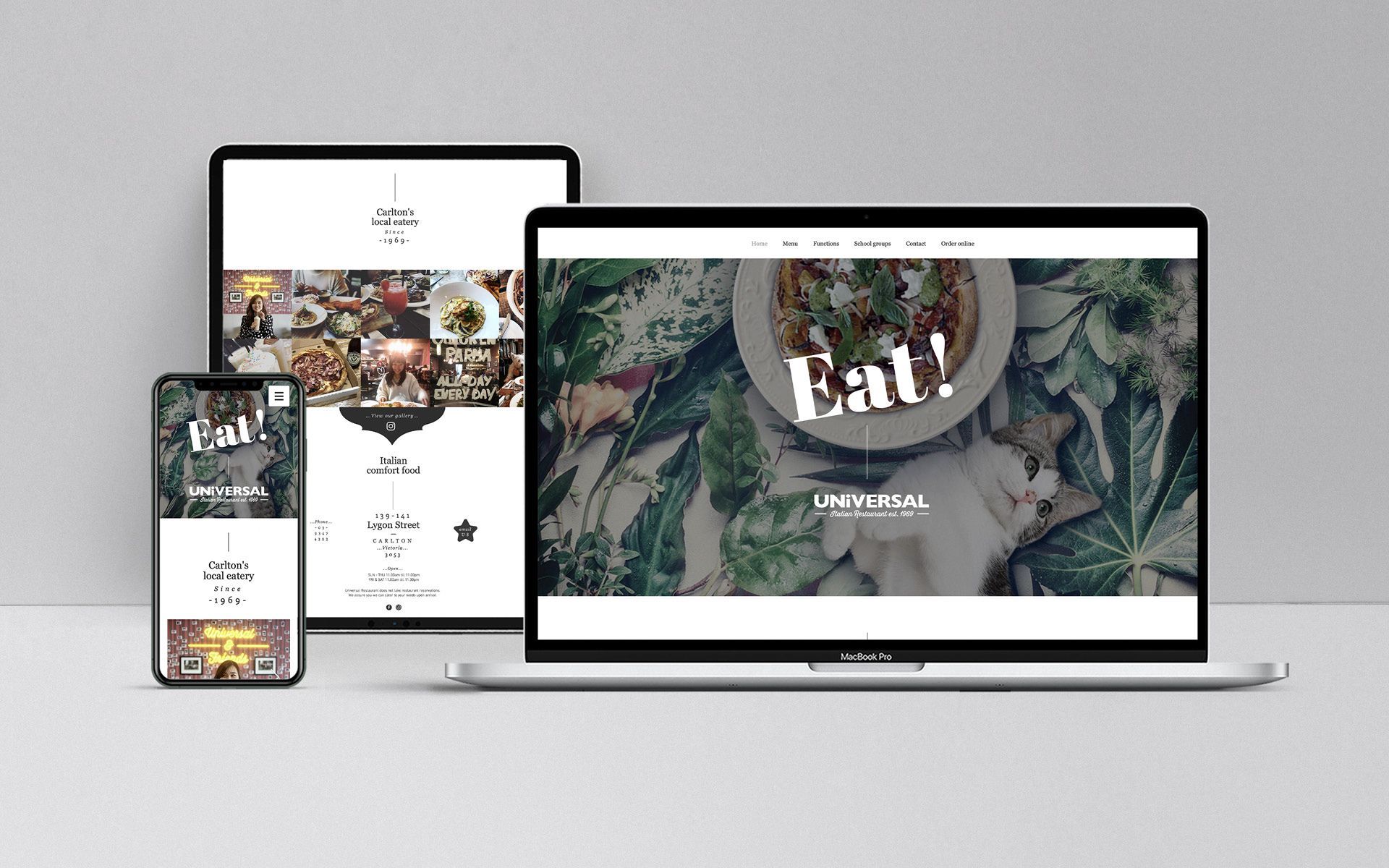 Responsive website design for Universal Restaurant, displayed across mobile, tablet, and laptop devices. The layout features a clean typography contrasting with the bold imagery, designed by the graphic design agency The End Creative Agency in Sydney.