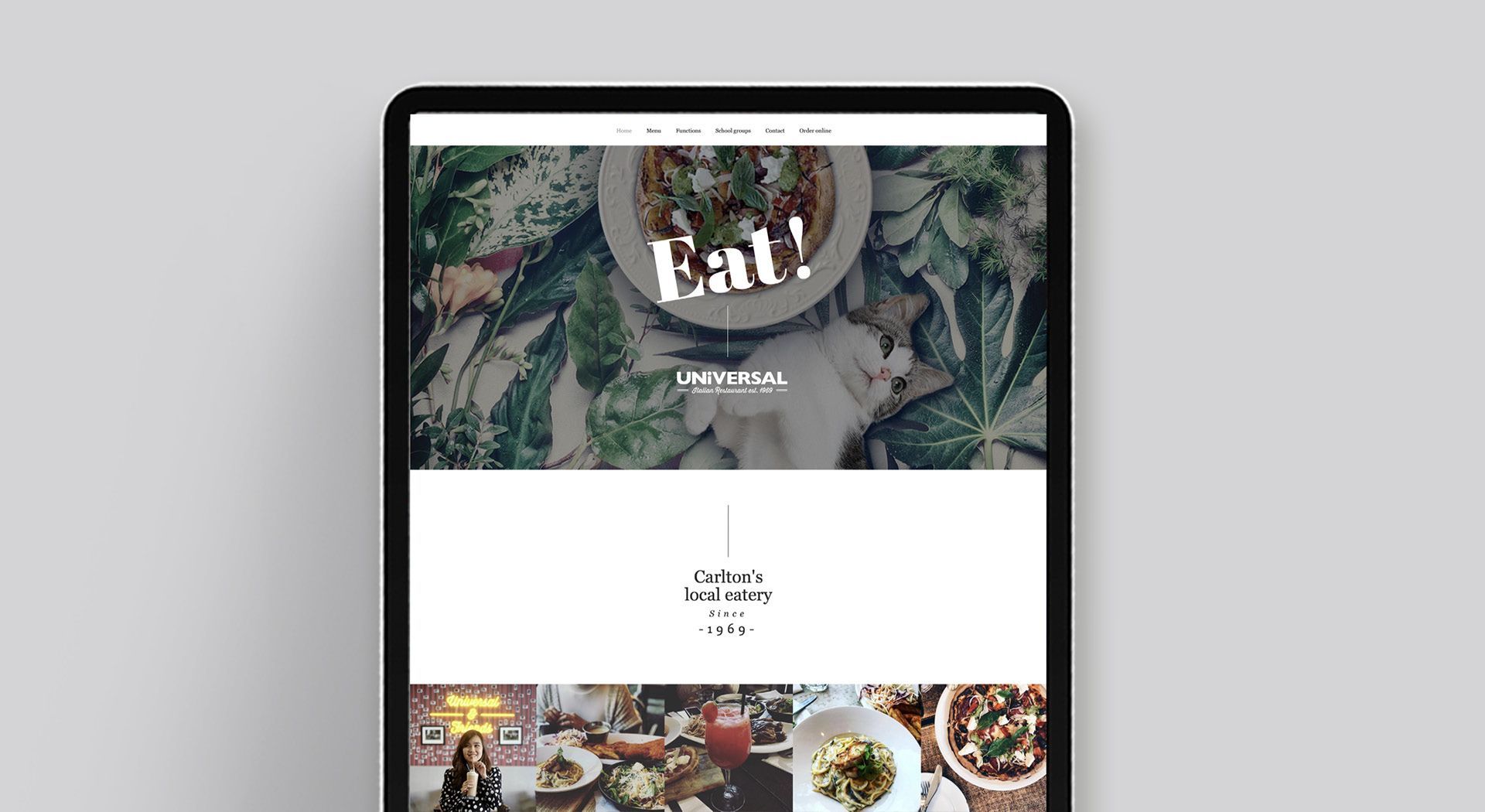 Design of the homepage of the Universal Restaurant website shown on a tablet, created by The End Creative Agency, a Sydney-based graphic design agency.