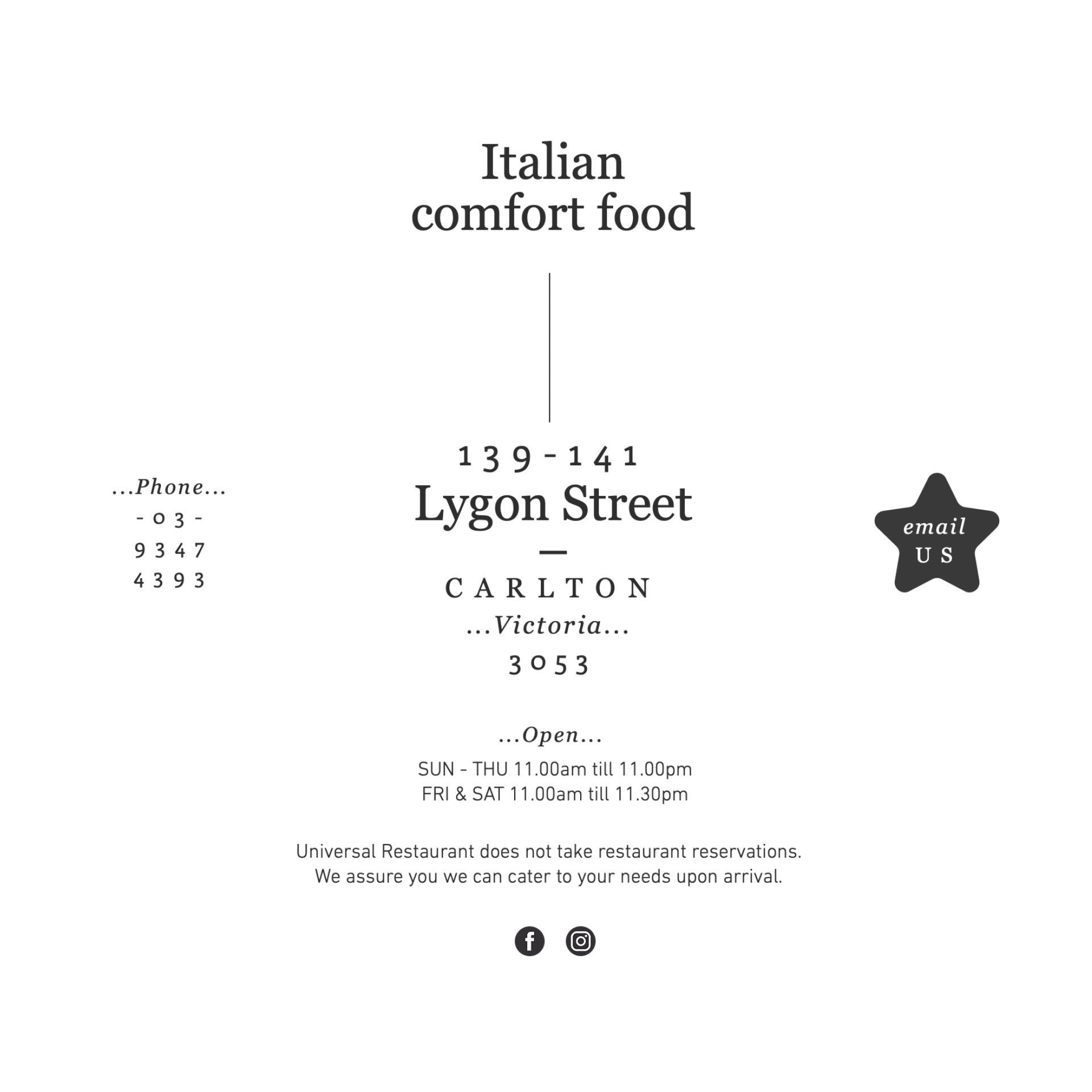 The contact and location section for the website of Universal Restaurant, featuring an elegant typography and minimal design, created by The End Creative Agency, a Sydney-based graphic design agency.