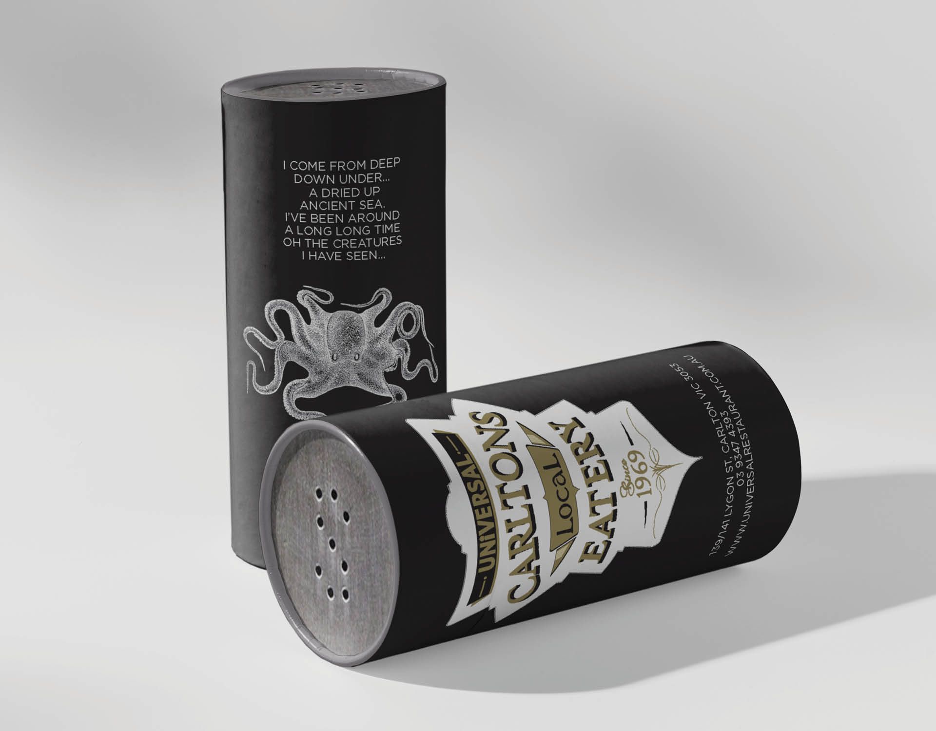 Different views of the salt shakers for Universal Restaurant, showcasing the branding and packaging design created by The End Creative Agency.