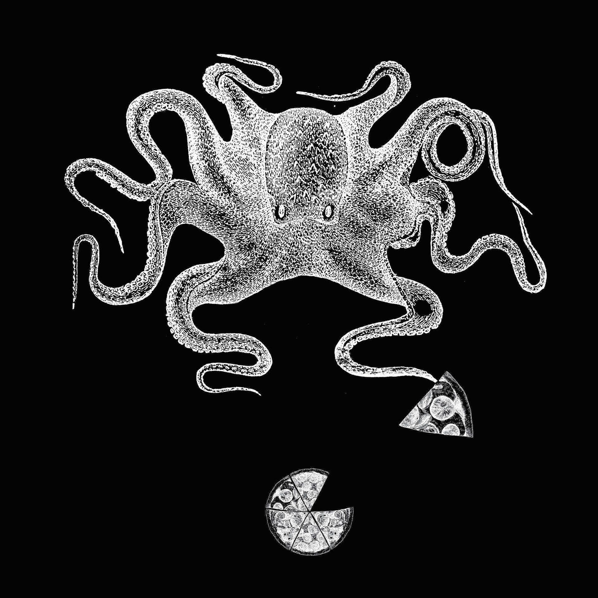 A black-and-white illustration of an octopus for Universal Restaurant, designed by The End Creative Agency.