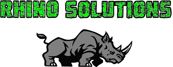 A logo for rhino solutions with a rhino on a white background.