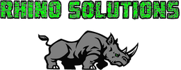 A logo for rhino solutions with a rhino on a white background.