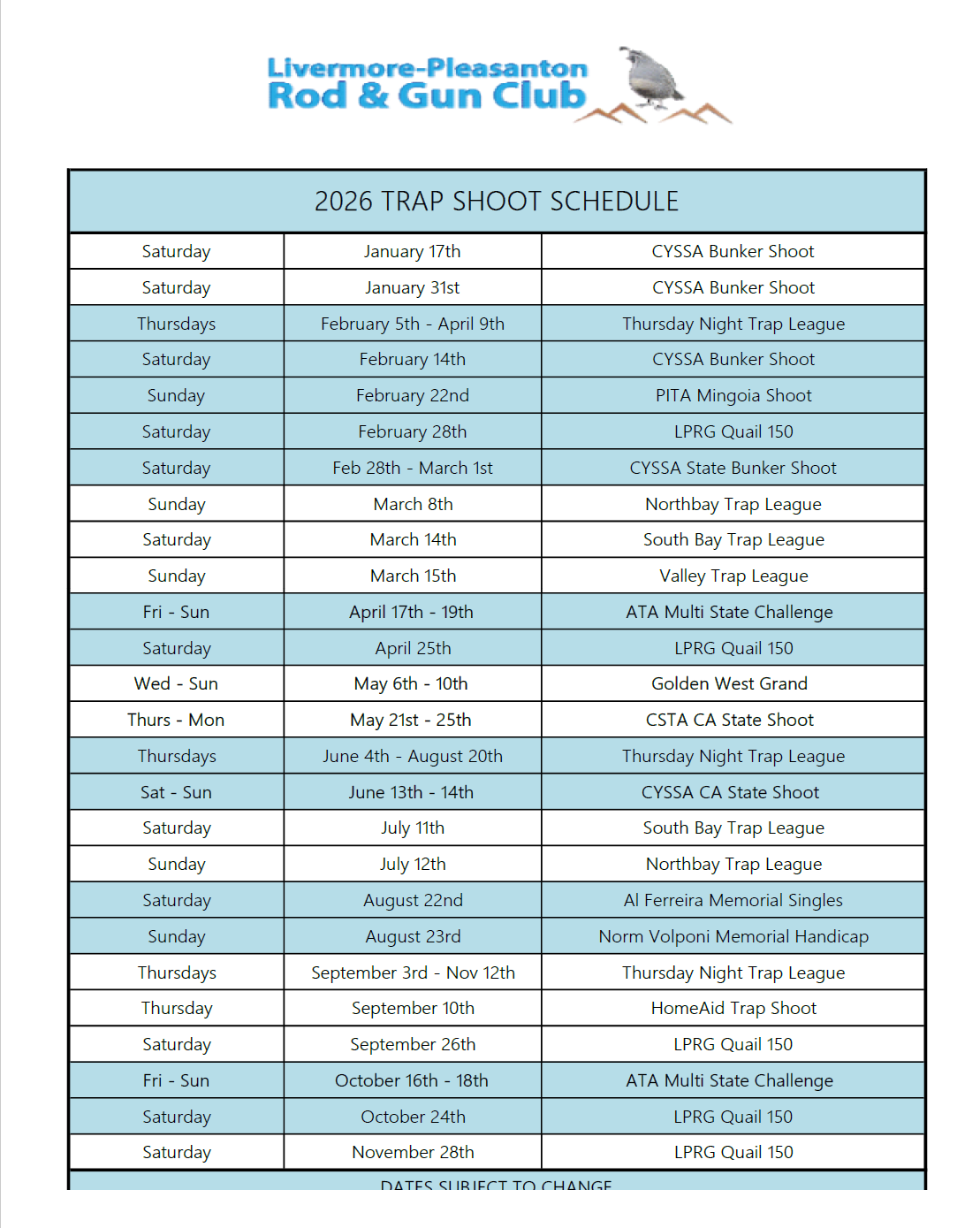 LPRG Trap Events Schedule