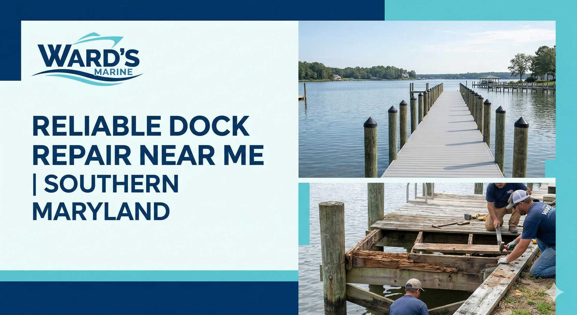 Ward's Marine promotional graphic showing a finished wooden dock and a crew repairing a damaged dock in Maryland.