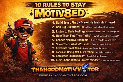 Poster with woman in sunglasses and a 10-point “Stay Motivated” safety list in orange and black background