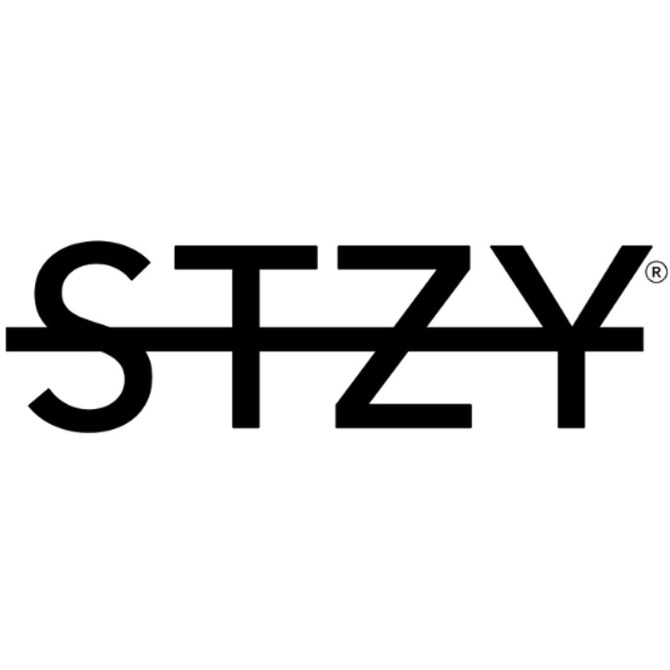 Black STZY logo with a horizontal line through the letters on a white background