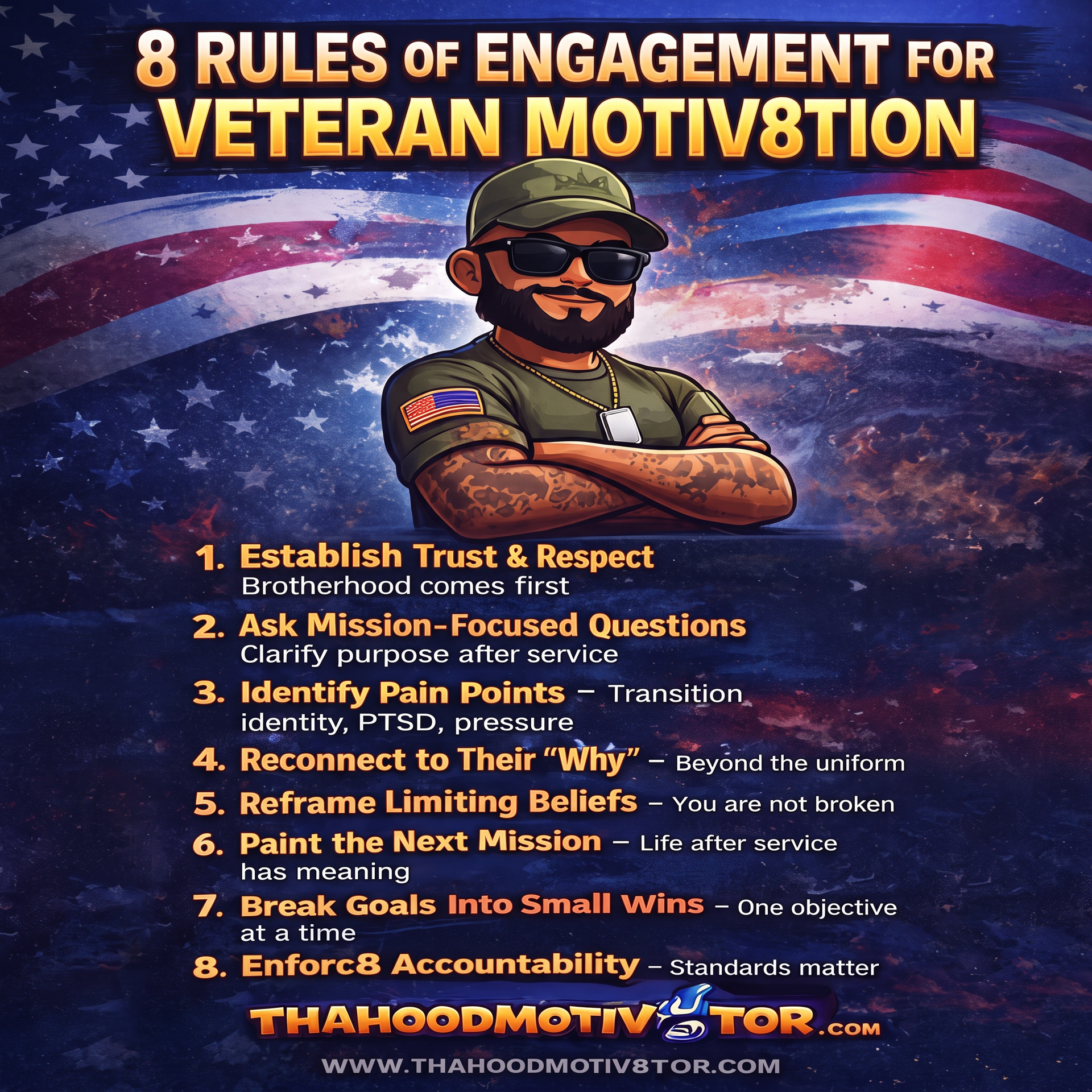 Poster titled “8 Rules of Engagement for Veteran Motivation” with a crossed-arm military figure and U.S. flag background