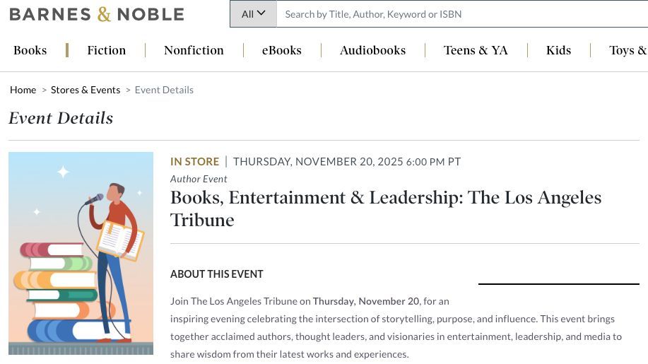 Barnes & Noble event page for “Books, Entertainment & Leadership: The Los Angeles Tribune”