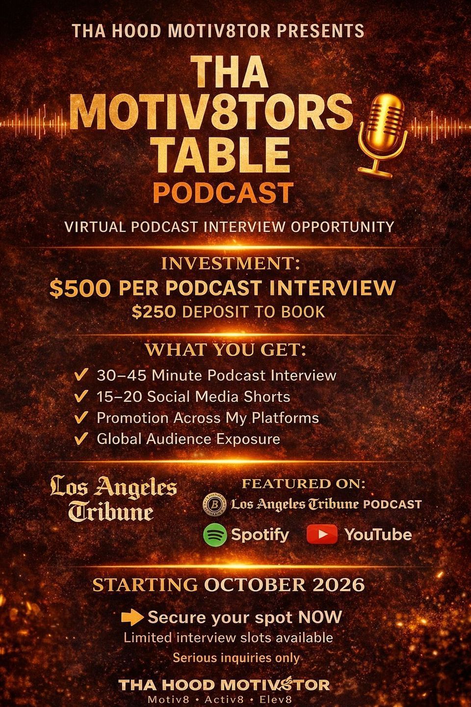 Promo poster for “Tha Motiv8tors Table Podcast” with gold text on a dark background and microphone icon.