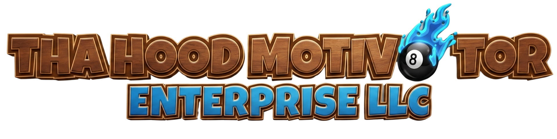 THA HOOP MOTORS ENTERPRISE LLC logo in brown and blue with a flame graphic