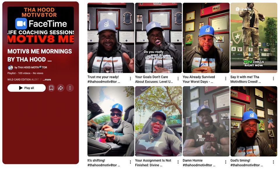 Podcast app screen featuring “Motivs Me Moments” with a grid of host photos and episode thumbnails