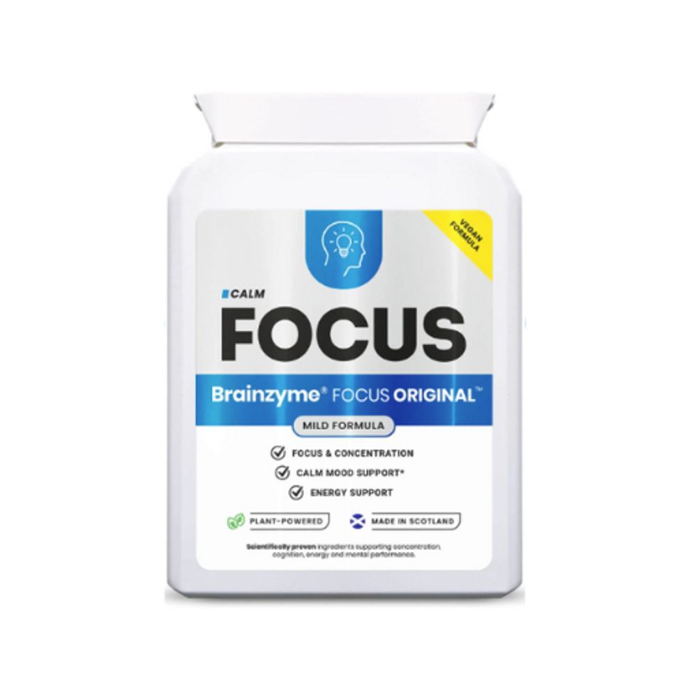 White Focus Brainzyme “Focus Original” supplement bottle with blue label and yellow corner banner