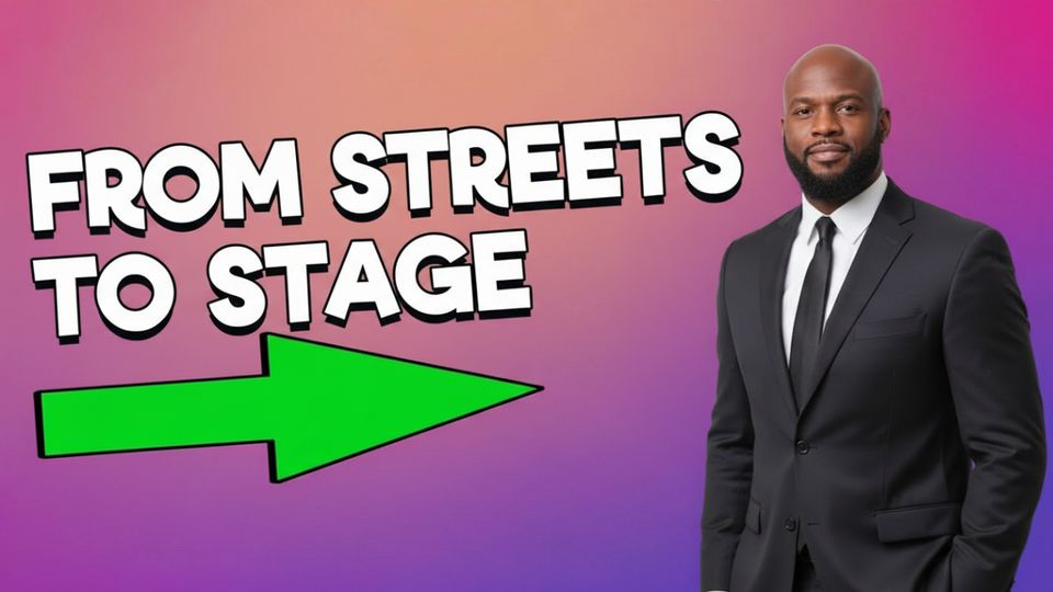 Man in dark suit beside bold text “FROM STREETS TO STAGE” on purple background with green arrow