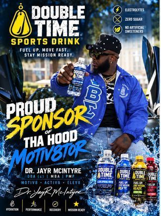 Double Time Sports Drink ad with a man in blue jacket and sunglasses, holding a bottle against a branded backdrop