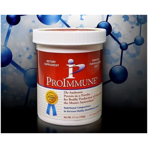 ProImmune dietary supplement bottle with white cap on blue molecular background