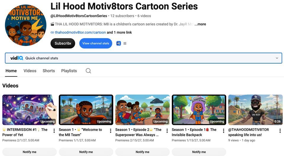 YouTube channel page for “Lil Hood Motiv8ors Cartoon Series” with a row of cartoon video thumbnails