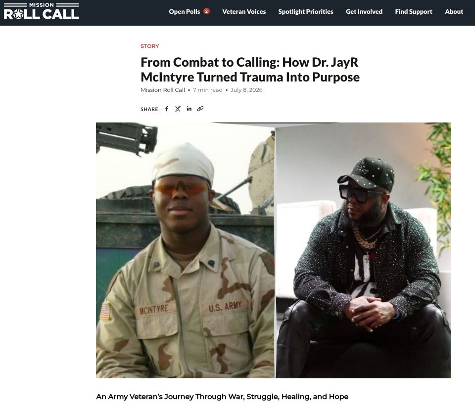 Two photos of a veteran in a military uniform, seated outdoors and in winter gear, beside article headline