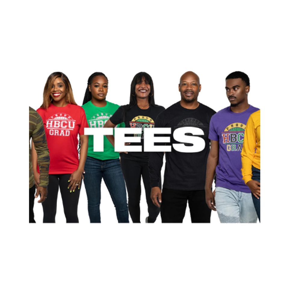 Five models in colorful graphic tees posing behind large white text reading “TEES” on a white background