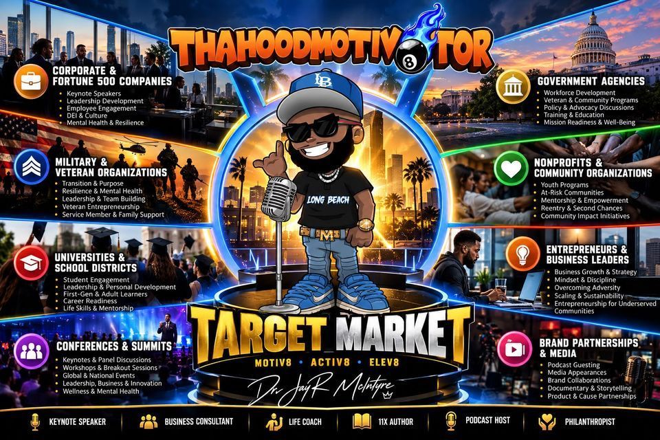 Bold promo banner for “Thahoodmotv’s Top Target Market” with city skyline, neon icons, and cartoon avatar at center