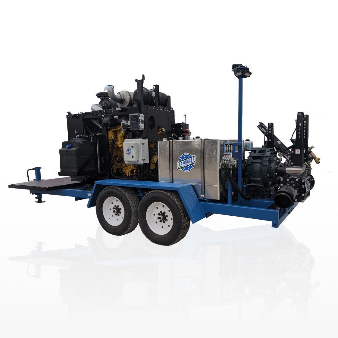 Blue trailer-mounted industrial machine with large black equipment and dual wheels on a white background