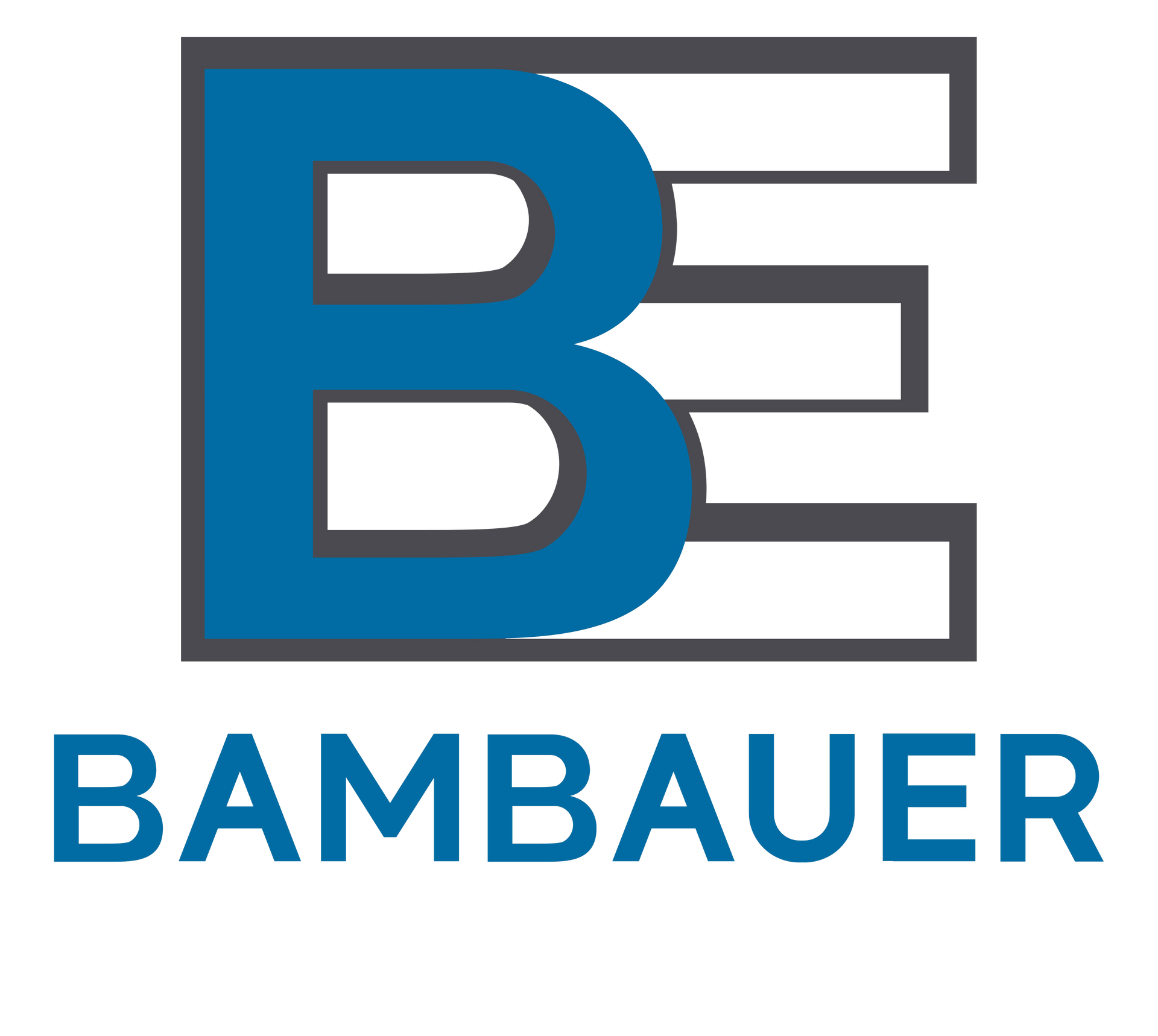 Bambauer logo with blue and gray stylized “B” and “E” above the word “BAMBAUER”